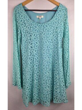Umgee Women's Dress Size Medium Aqua Blue Floral Lace Flared Long Sleeve Dress